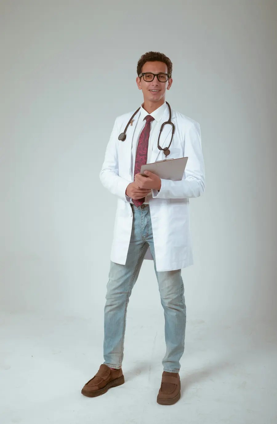 Médico de jaleco branco e estetoscópio, em pé num consultório claro