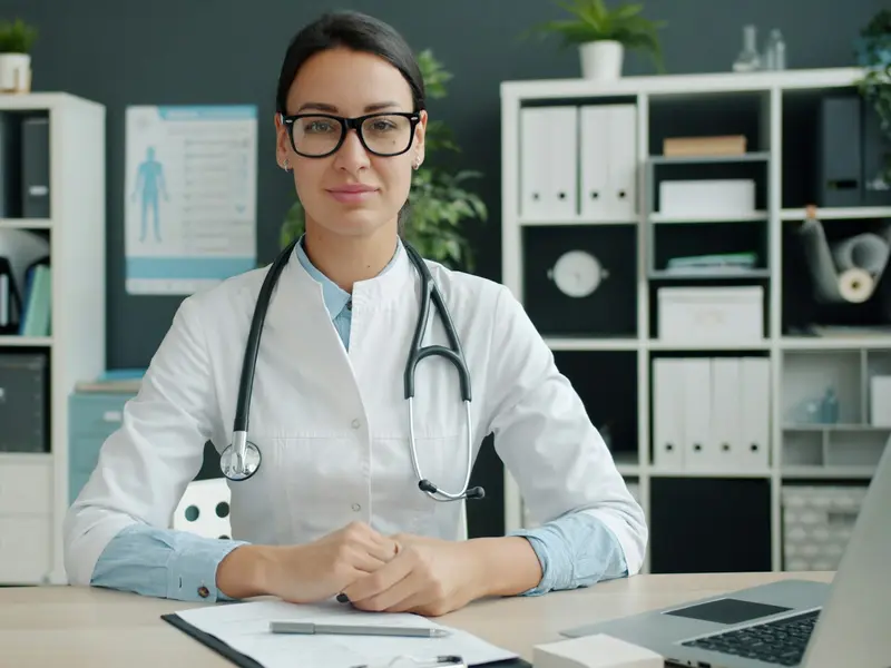 Médica de jaleco sorrindo no consultório