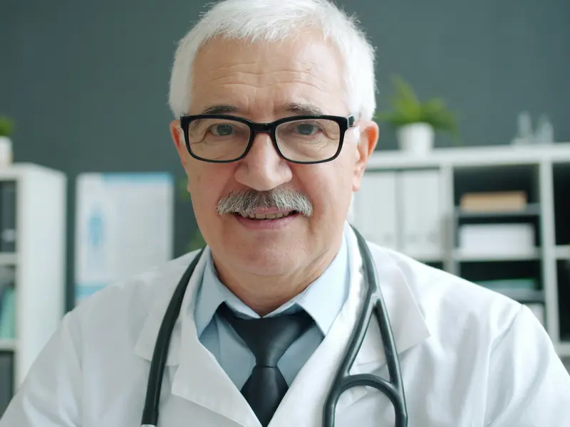 Médico de jaleco e gravata sorrindo