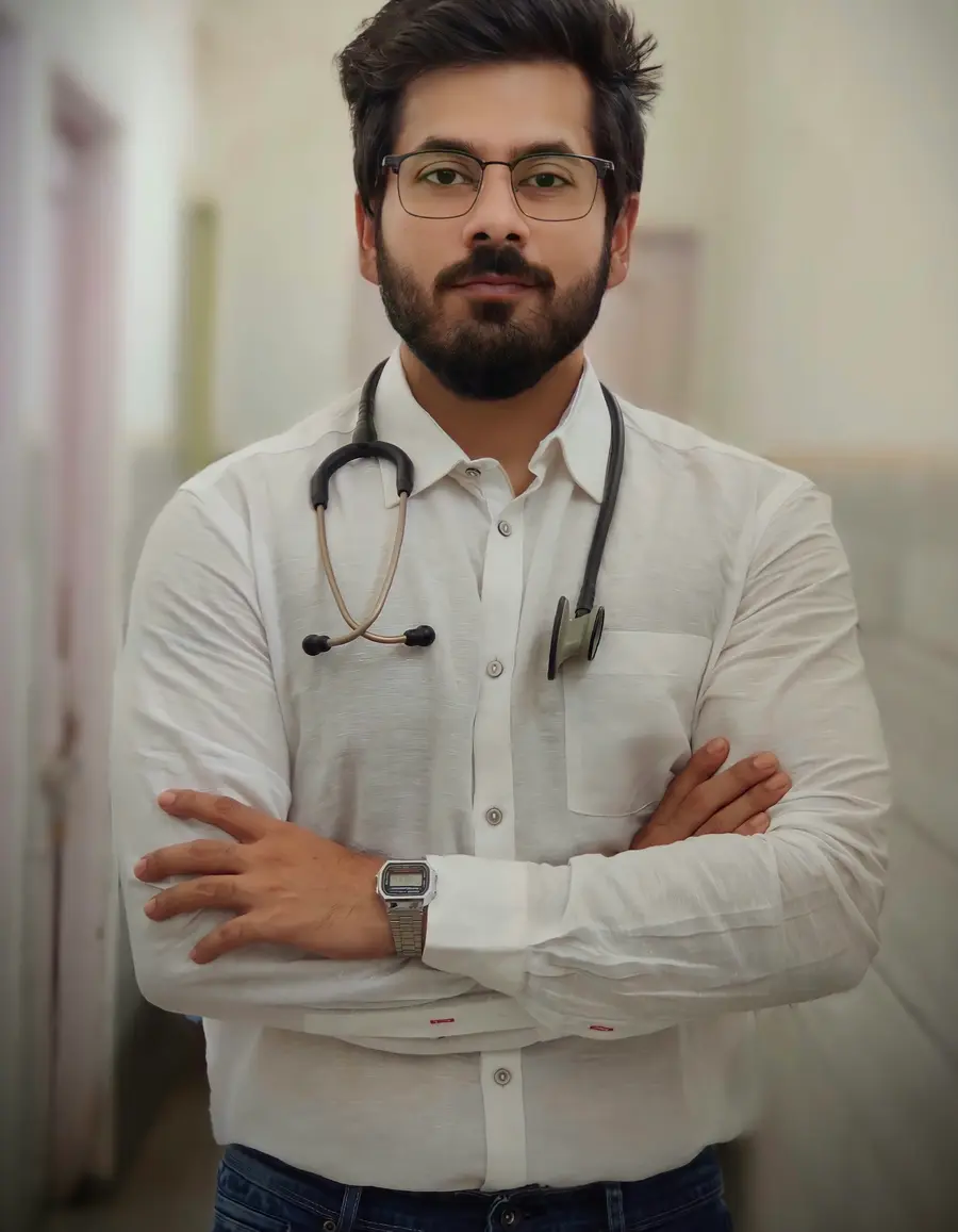 Médico sorridente de jaleco branco em frente a uma janela clara com vista para a cidade e detalhes em azul